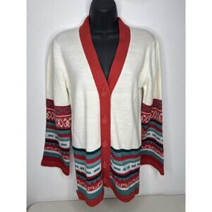 Vintage 1970 Kmart Geometric Cardigan White Red Sweater Women’s Medium